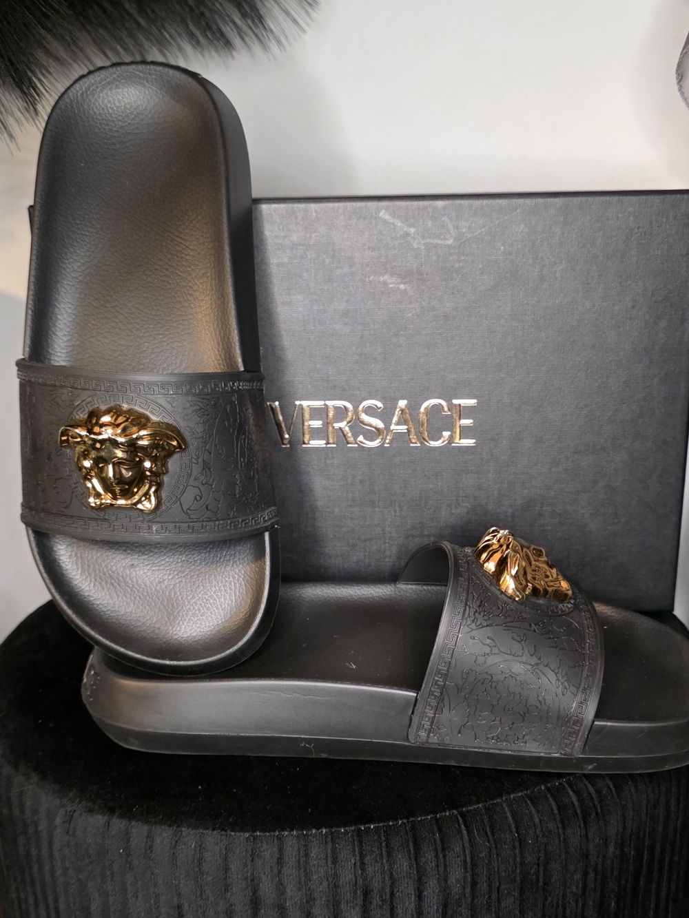 Versace Black Medusa Slide Sandals with Gold Emblem Size 39